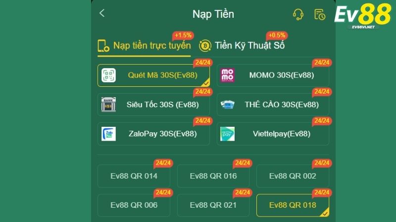 Điểm danh một số phương thức nạp tiền EV88 phổ biến hiện nay